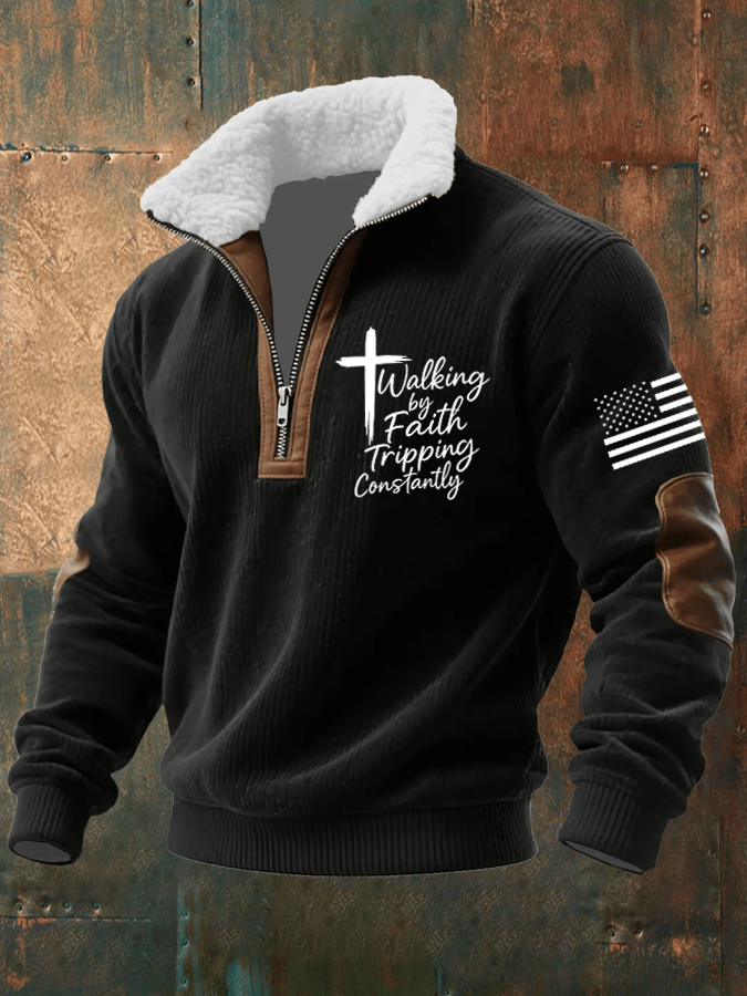 Men's Faith Print Knitted Fabric Zipper Fur Collar Long-Sleeved Sweatshirt