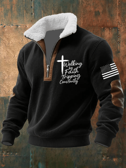 Men's Faith Print Knitted Fabric Zipper Fur Collar Long-Sleeved Sweatshirt
