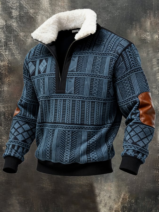 Men's Retro Color Block Print Casual Fur Collar Sweatshirt