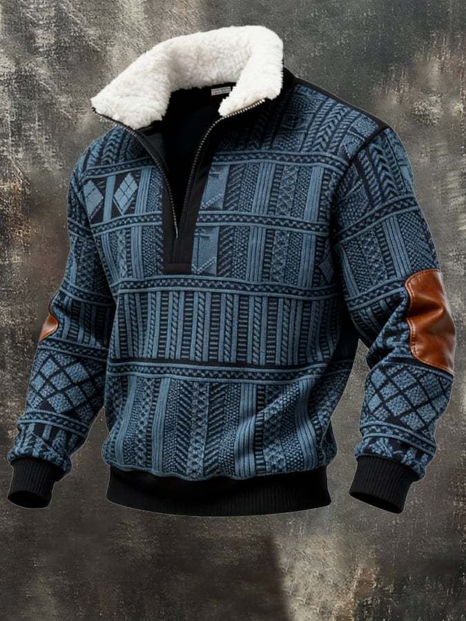 Men's Retro Color Block Print Casual Fur Collar Sweatshirt