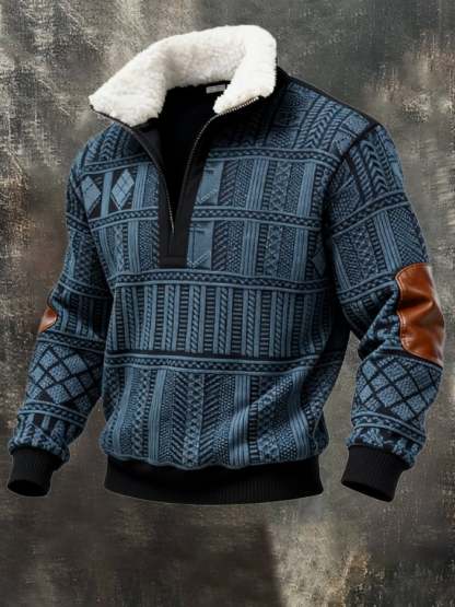 Men's Retro Color Block Print Casual Fur Collar Sweatshirt