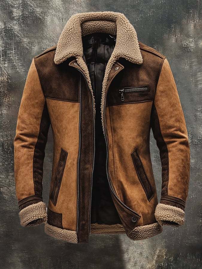 Men's Vintage Suede Patchwork Lamb Fleece Multi-Pocket Reverse Collar 
