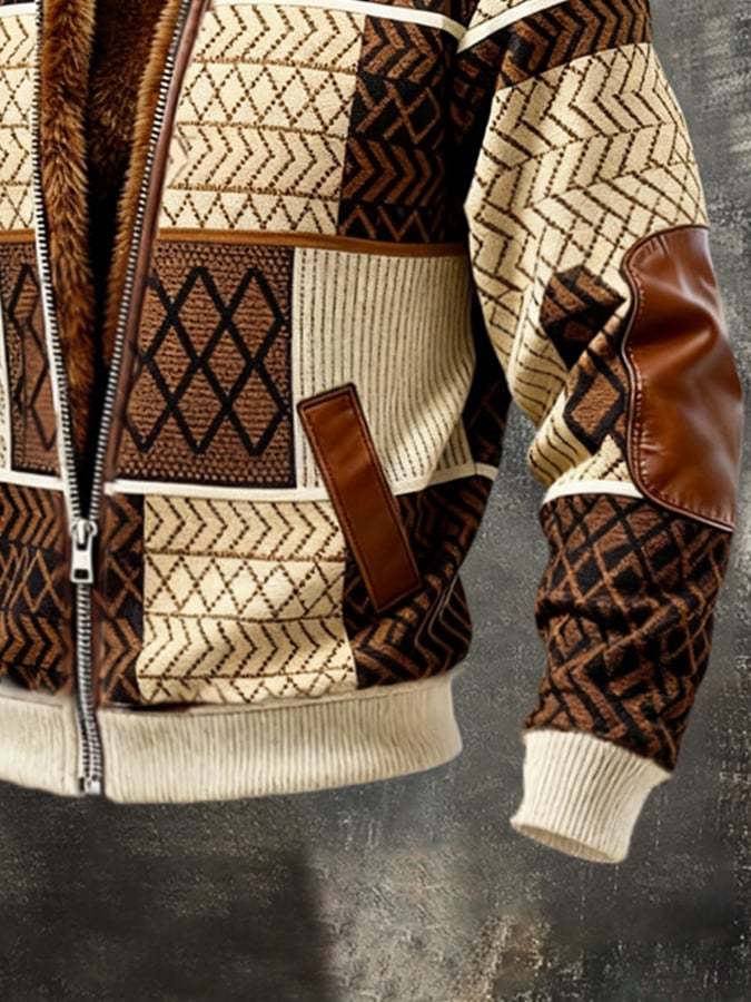 Men'S Vintage-Style Color-Block Patchwork Warm Outdoor Jacket Coat