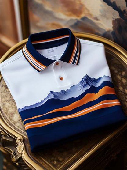 Men's Business Stripe Logo Button-Down Short Sleeve Polo Shirt