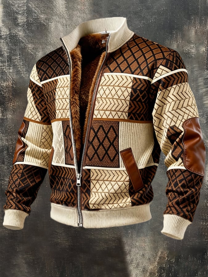 Men'S Vintage-Style Color-Block Patchwork Warm Outdoor Jacket Coat