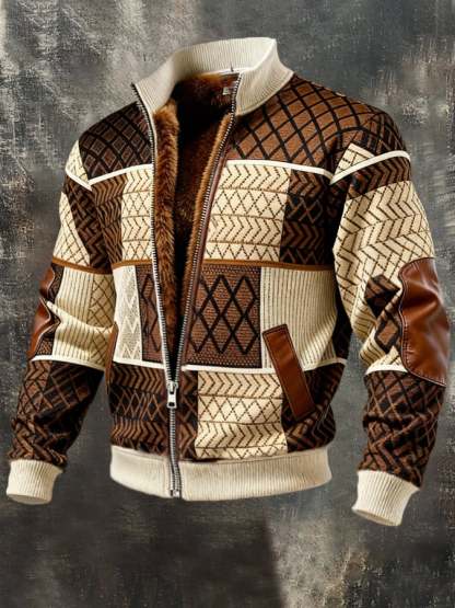 Men'S Vintage-Style Color-Block Patchwork Warm Outdoor Jacket Coat