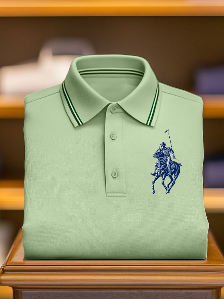 Men's Classic Business Check Logo Button Short Sleeve Polo Shirt