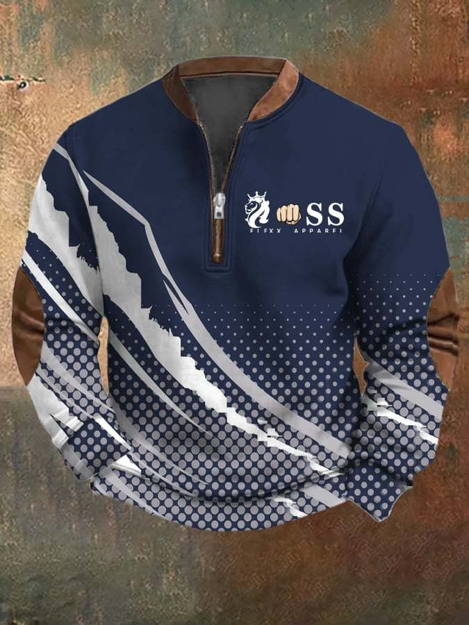Men's Retro Letter Design Printed Casual Zipper Collar Long-Sleeved Sw