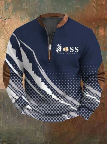 Men's Retro Letter Design Printed Casual Zipper Collar Long-Sleeved Sweatshirt