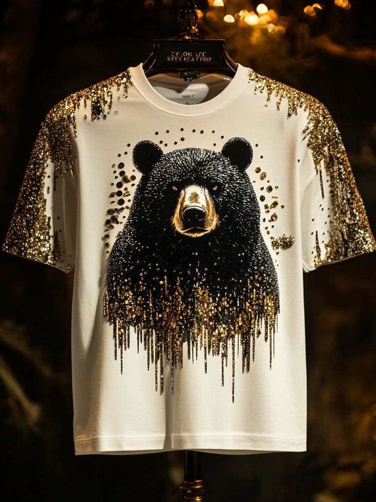 Men's Bear Sequin Business Print Short Sleeve T-Shirt