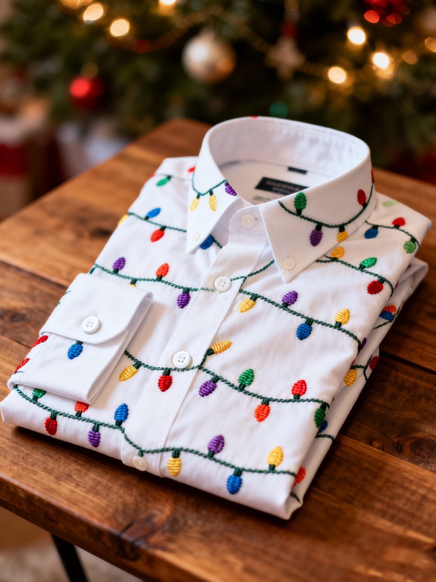 Men's Business Retro Christmas Colored Lights Printed Long Sleeve Shir