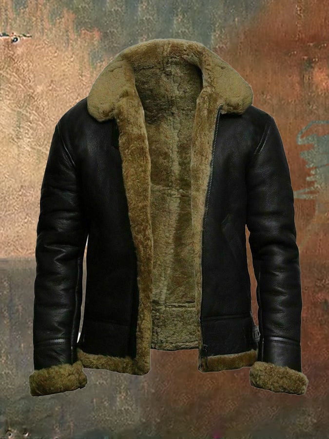 Men's Vintage Casual Lapel Zipper Faux Fur Leather Jacket