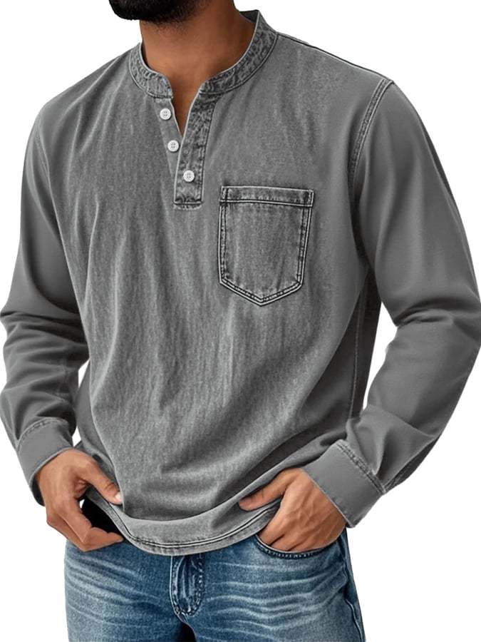 Men's Vintage Basic Washed Distressed Long Sleeve Henley Shirt