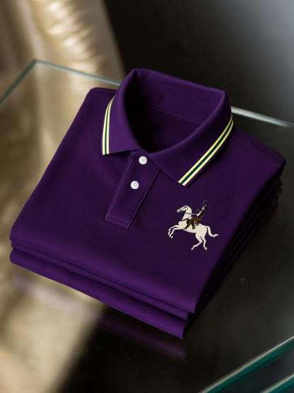 Men's Classic Business Check Logo Button Short Sleeve Polo Shirt