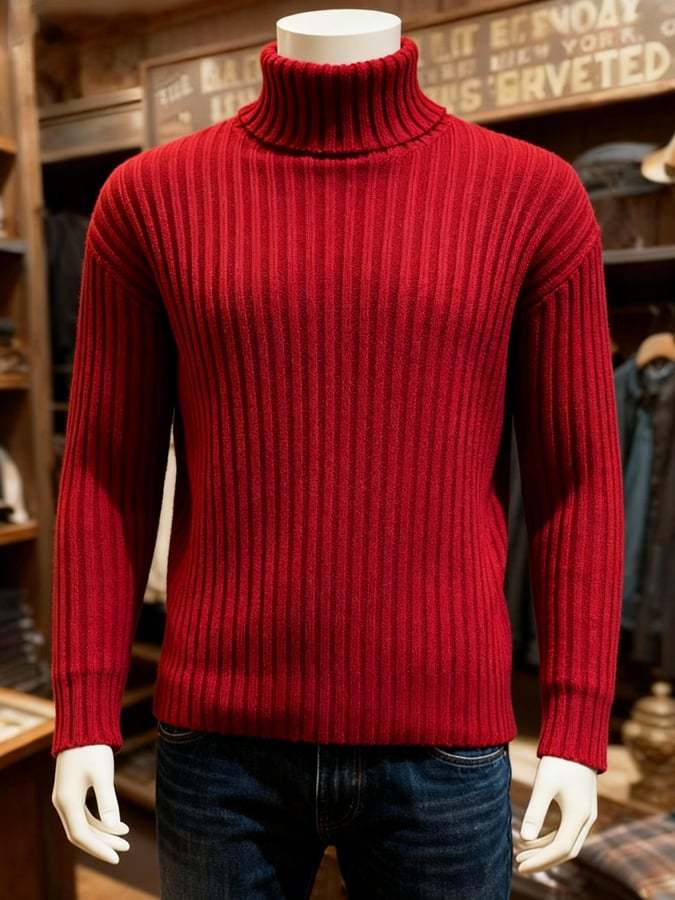 Men's Retro Warm Ribbed Turtleneck Long Sleeve Sweater