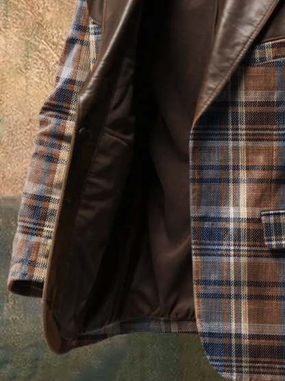 Men's Vintage Plaid Panel Leather Blazer