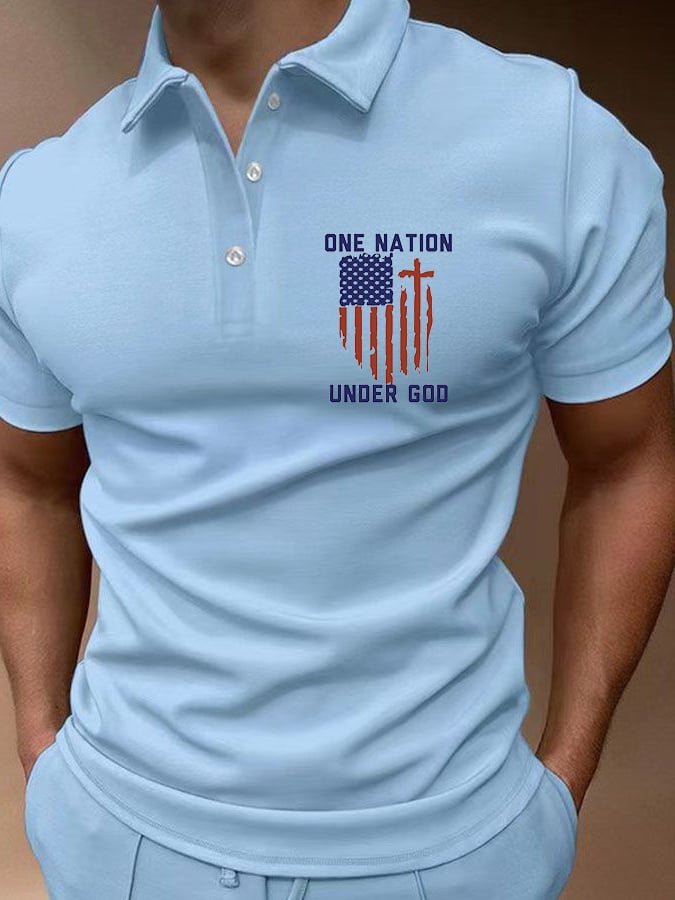 Men's Flag Cross Print Button Casual Polo Shirt