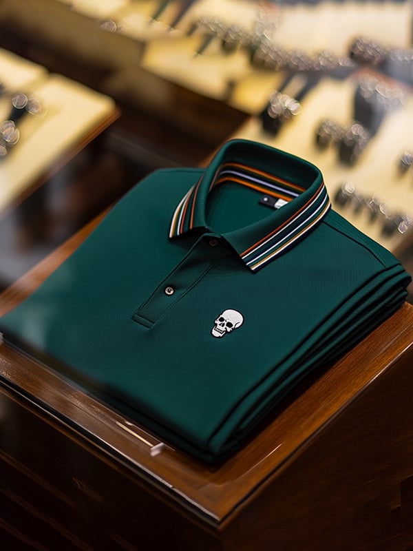 Men's Business Casual Skull Print Button-Down Polo Shirt