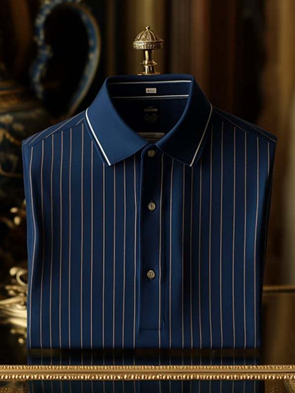 Men's Retro Business Stripe Print Long Sleeve Polo Shirt