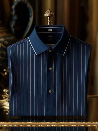 Men's Retro Business Stripe Print Long Sleeve Polo Shirt