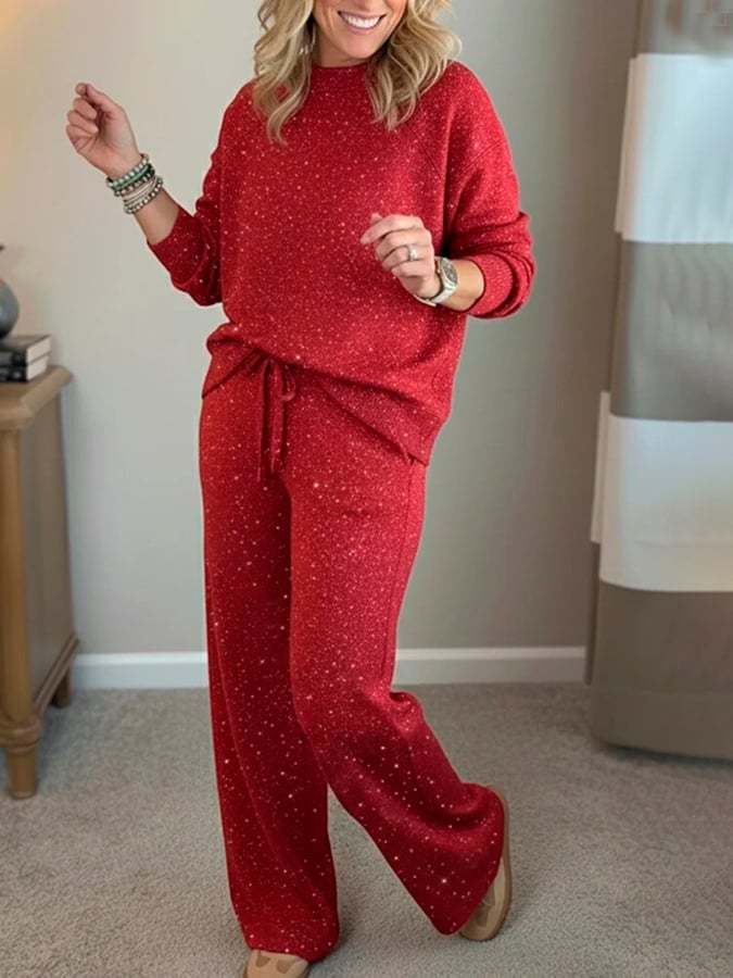 Cozy Travel Crew Neck Shiny Sweatshirt and Pant 2 Piece Sets