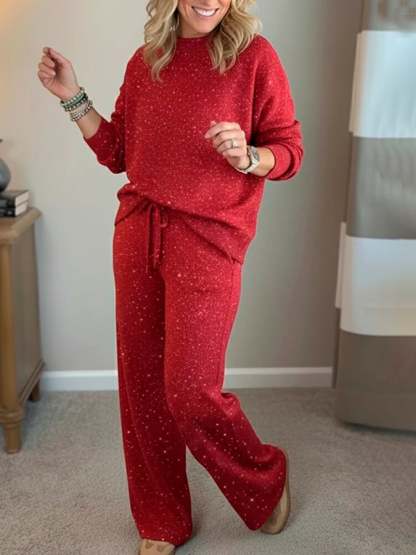 Cozy Travel Crew Neck Shiny Sweatshirt and Pant 2 Piece Sets