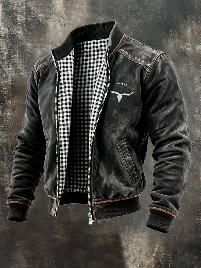 Men's Vintage Suede and Plaid Lining Multi-Pocket Outdoor Jacket