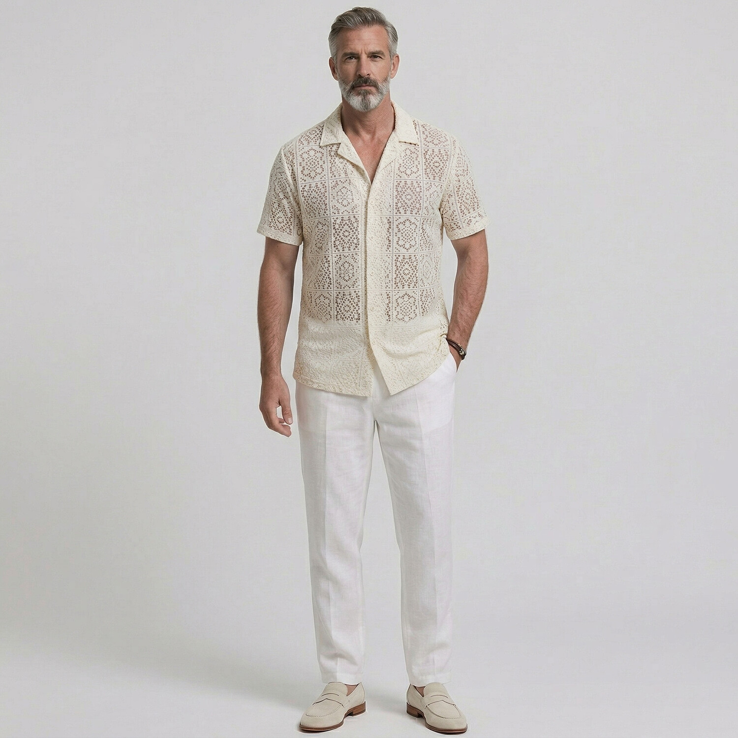 Men's Vacation Camp Collar Solid Color Hollow Out Lace Short Sleeve Shirt