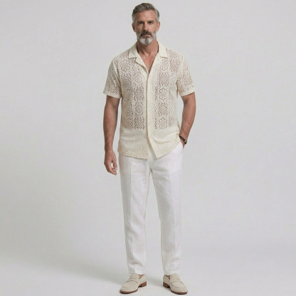 Men's Vacation Camp Collar Solid Color Hollow Out Lace Short Sleeve Shirt