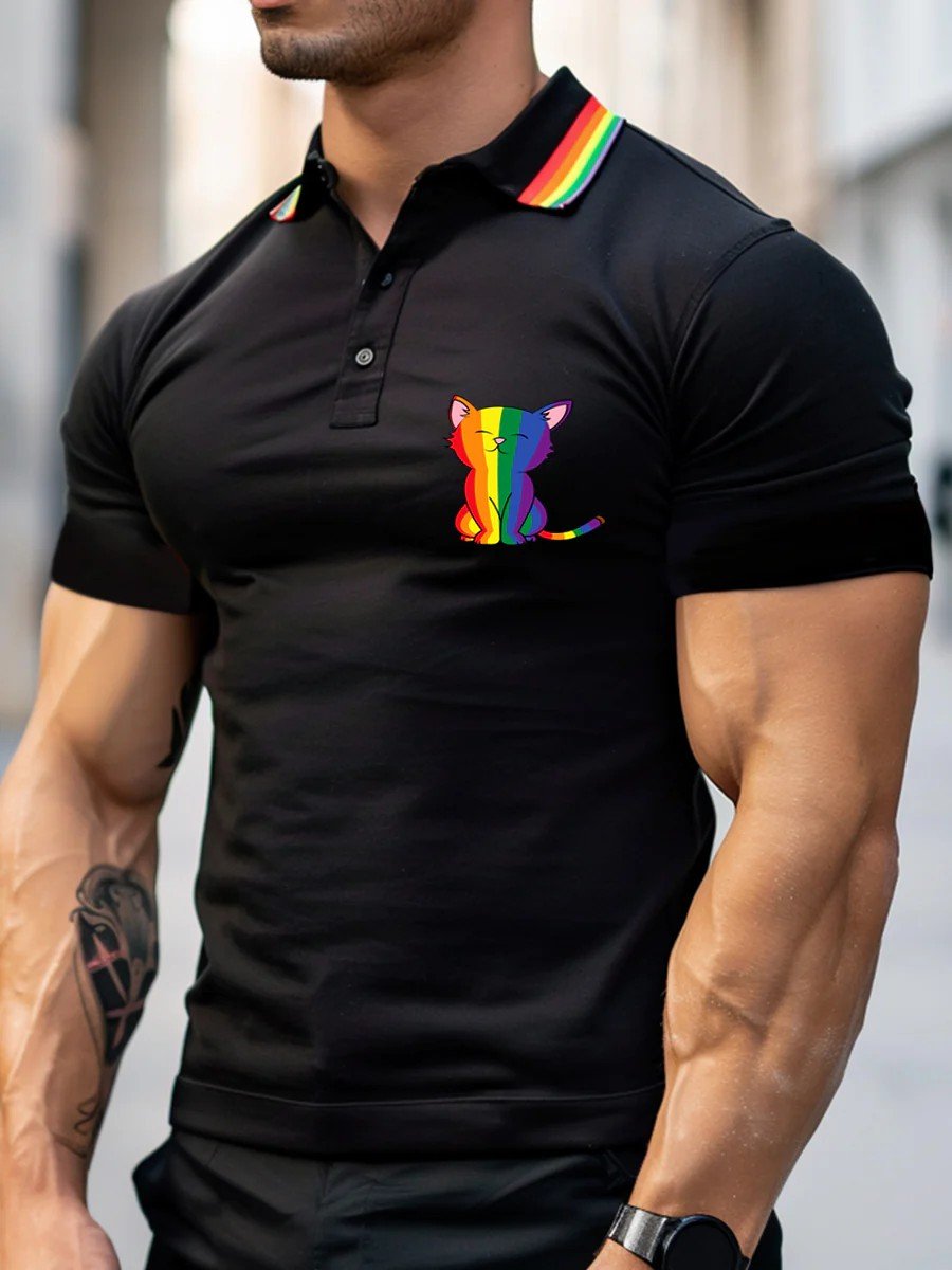 Men's Rainbow Cat Printed Casual POLO Shirt