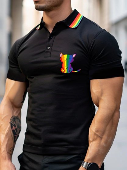 Men's Rainbow Cat Printed Casual POLO Shirt
