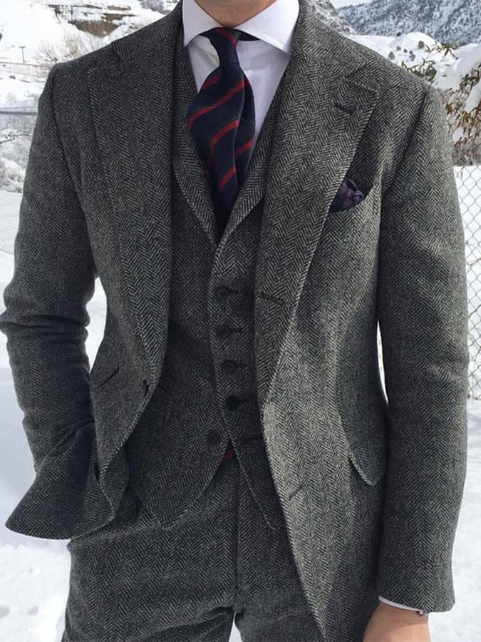 Men's Business Single-Breasted Solid Color Three-Piece Suit