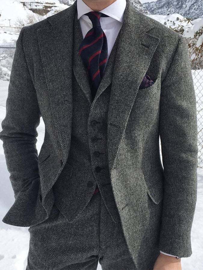 Men's Business Single-Breasted Solid Color Three-Piece Suit