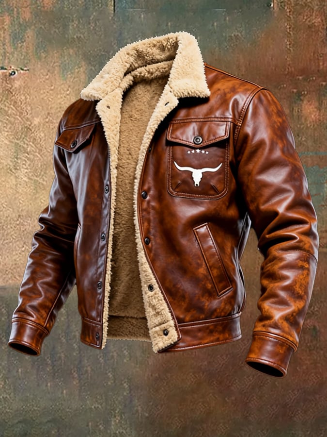Men's Vintage Leather Patchwork Plush Warm Jacket