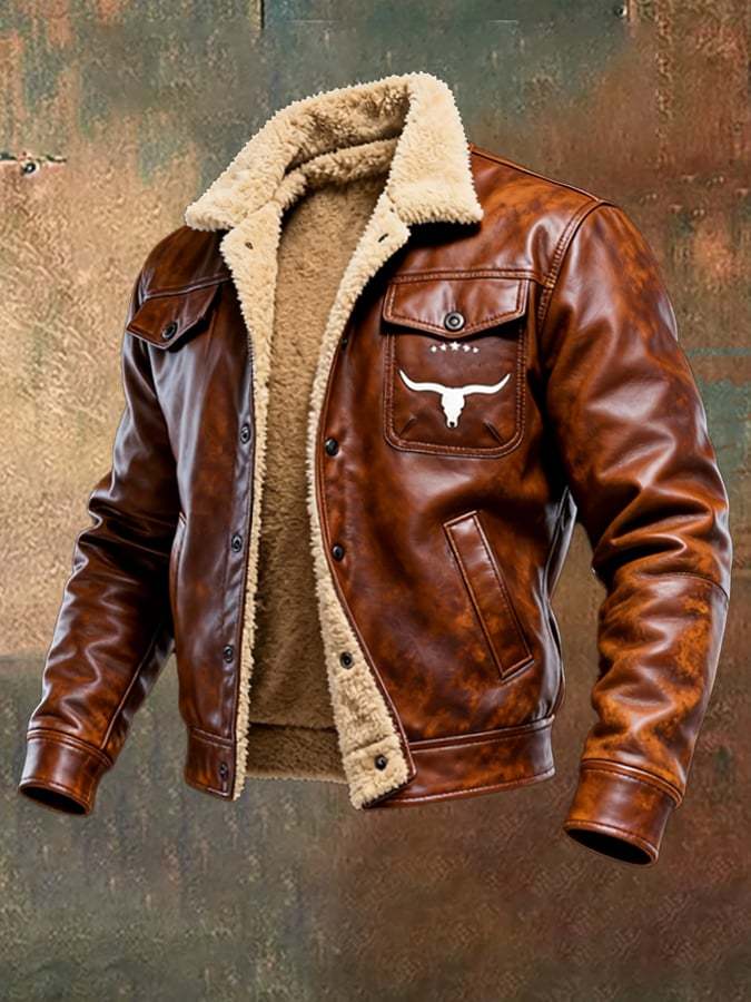 Men's Vintage Leather Patchwork Plush Warm Jacket