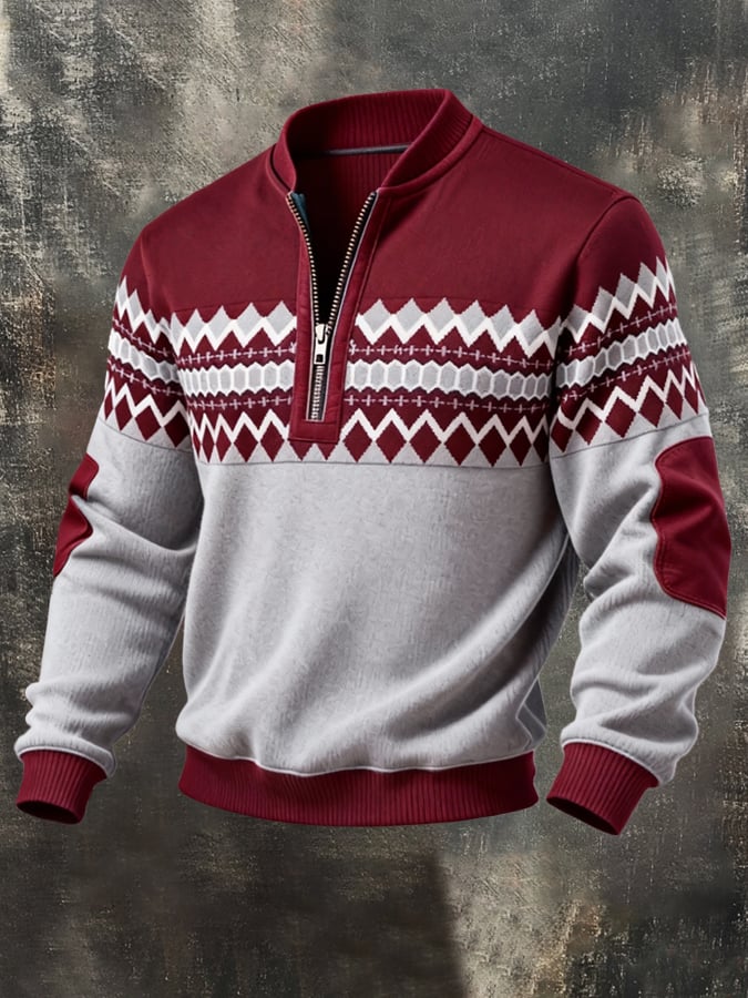 Men's Retro Color Block Print Zipper Sweatshirt