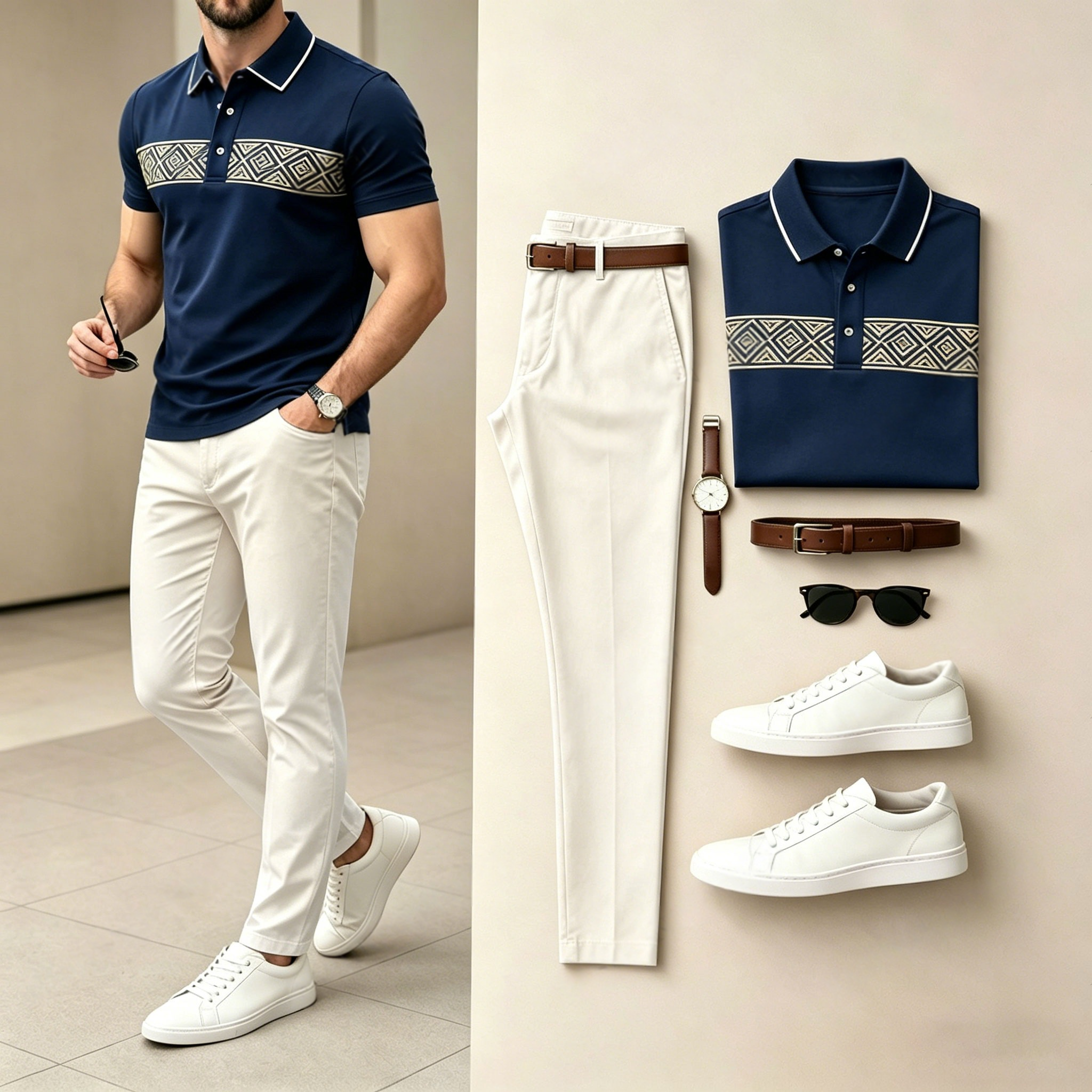 Men's Casual Horizontal Diamond-Print Short-Sleeve Polo Shirt And Pants Two-Piece Set (Does Not Include Accessories Such As Watches Or Glasses)
