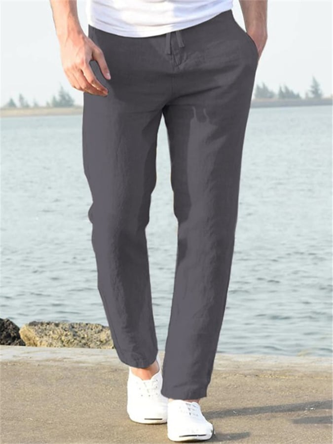 Men's Casual Solid Color Cotton And Linen Drawstring Elastic Waist Trousers
