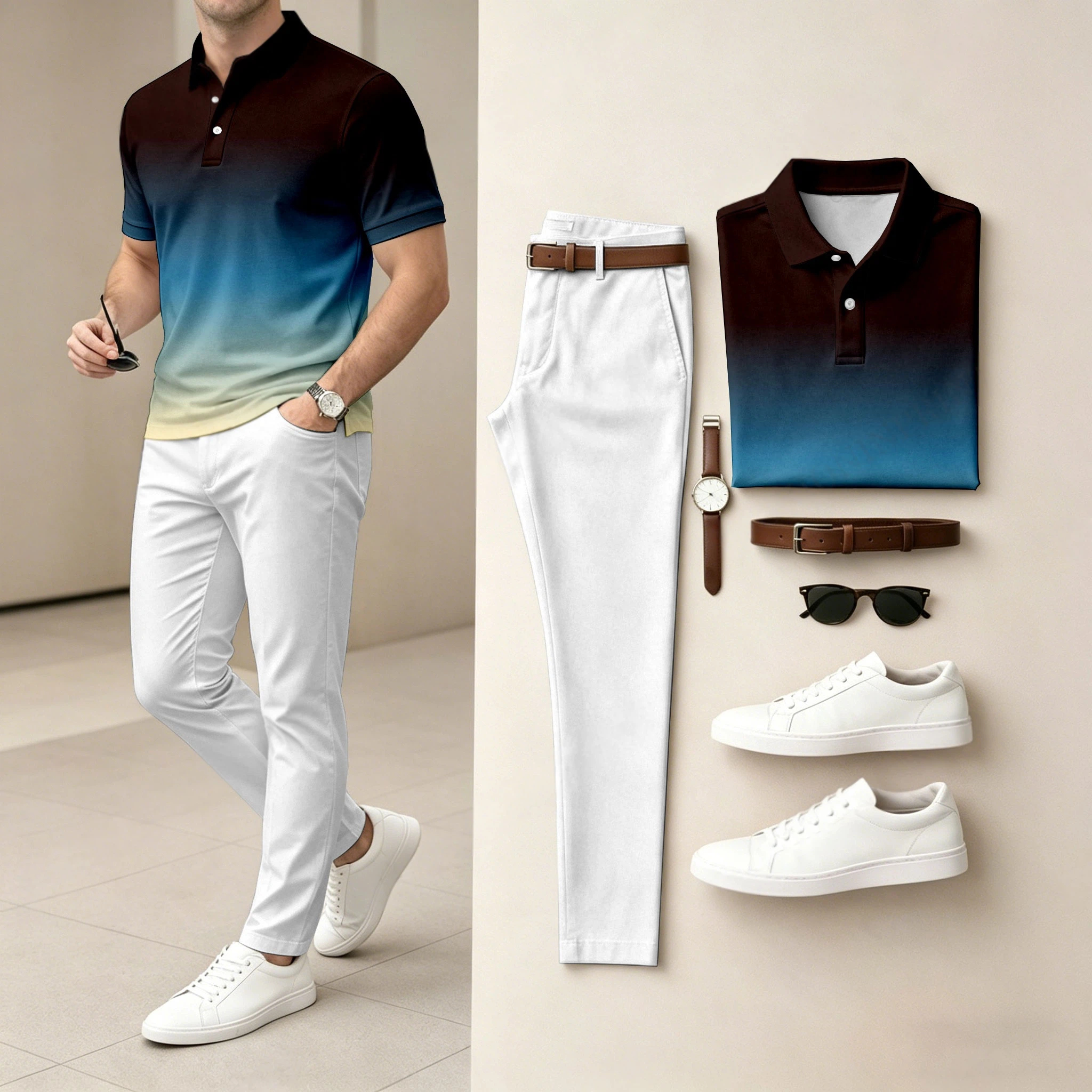Men's  Ombré Color Short-Sleeve Polo Shirt and Pants Two-Piece Set