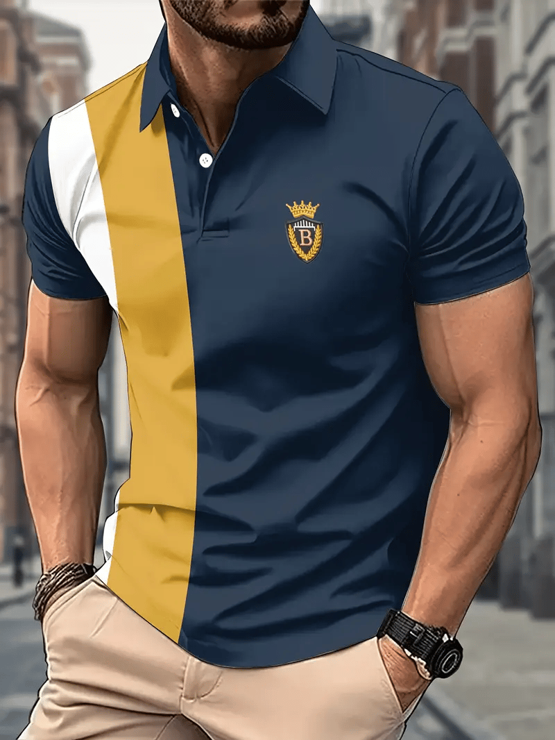 Men's Business Stripe Logo Button-Down Short Sleeve Polo Shirt