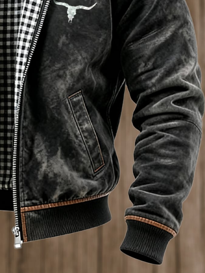 Men's Vintage Suede and Plaid Lining Multi-Pocket Outdoor Jacket