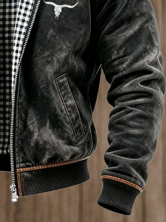 Men's Vintage Suede and Plaid Lining Multi-Pocket Outdoor Jacket