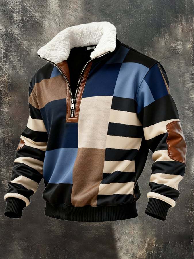Men's Retro Color Block Print Casual Fur Collar Long Sleeve Sweatshirt