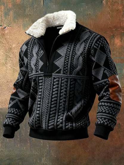 Men's Retro Color Block Print Casual Fur Collar Sweatshirt