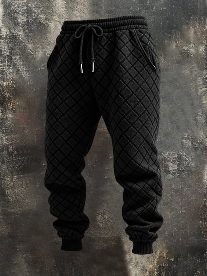 Men's Retro Waffle Stitching Leather Contrast Hooded Casual Sweatshirt Set