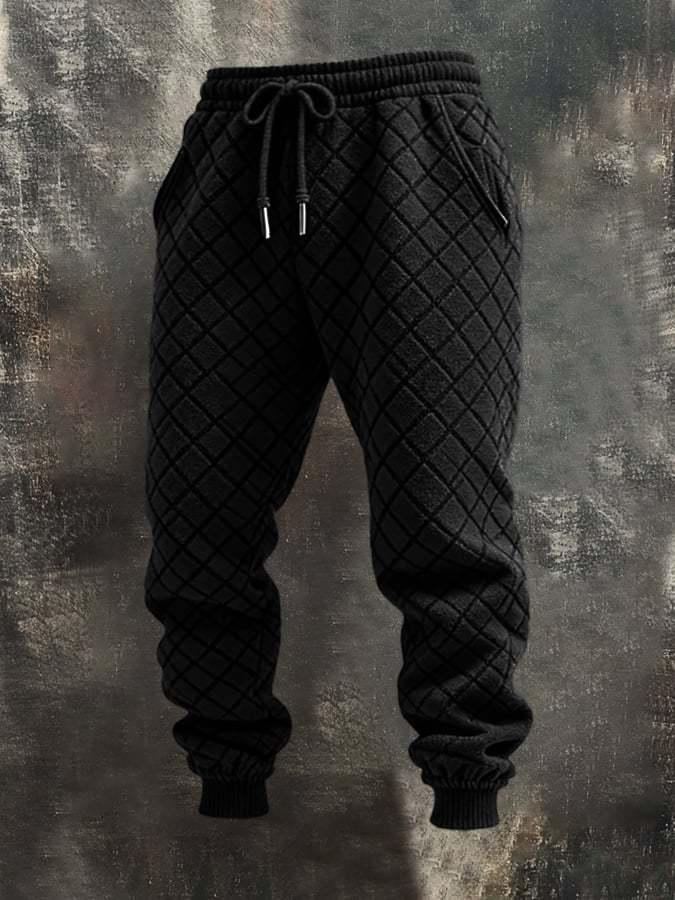 Men's Retro Waffle Stitching Leather Contrast Hooded Casual Sweatshirt Set