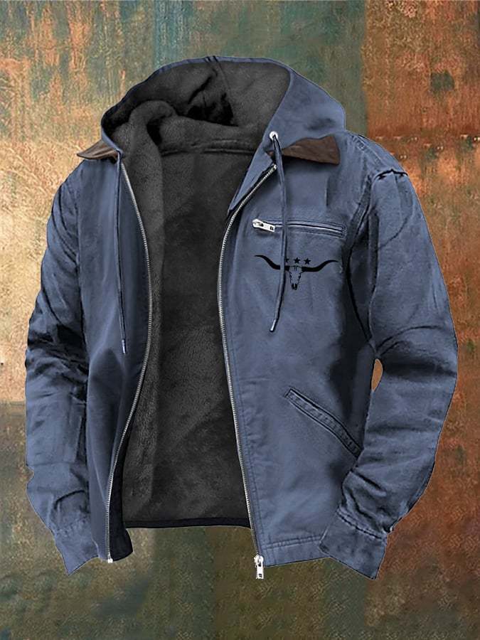 Men's Vintage Plush Western Bull Head Print Zipper Jacket