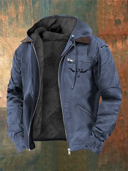 Men's Vintage Plush Western Bull Head Print Zipper Jacket