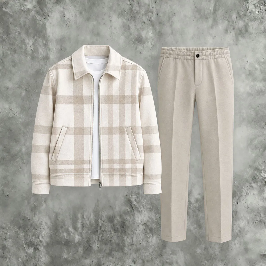 Men's Checkered Collared Zipper Jacket & Solid Pants Set