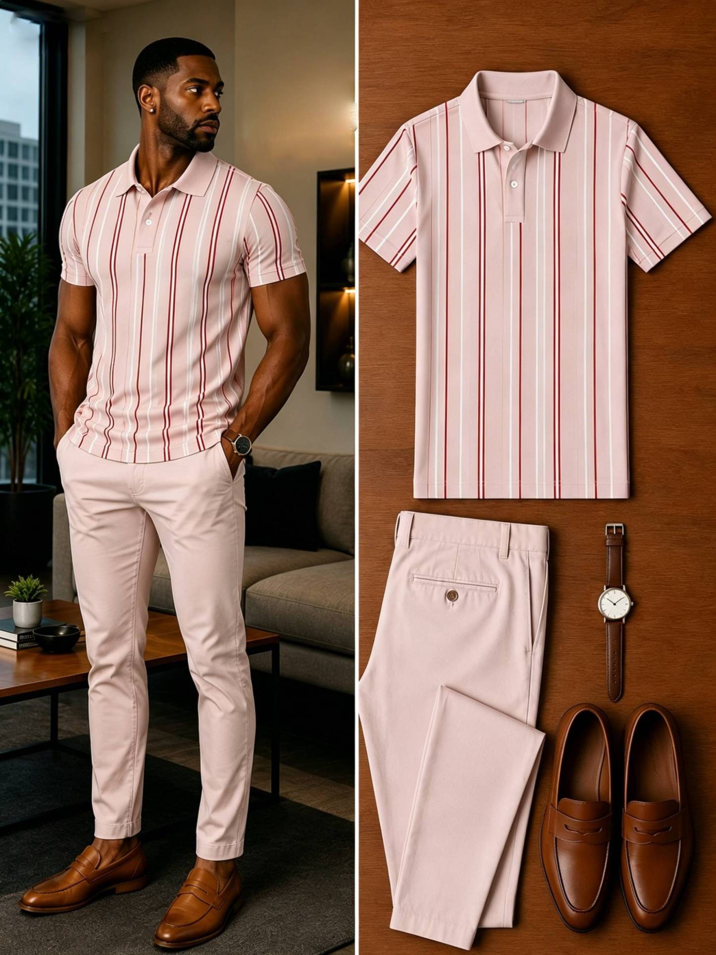 Men's Casual Short Sleeve Polo Shirt And Pants Two-Piece Set